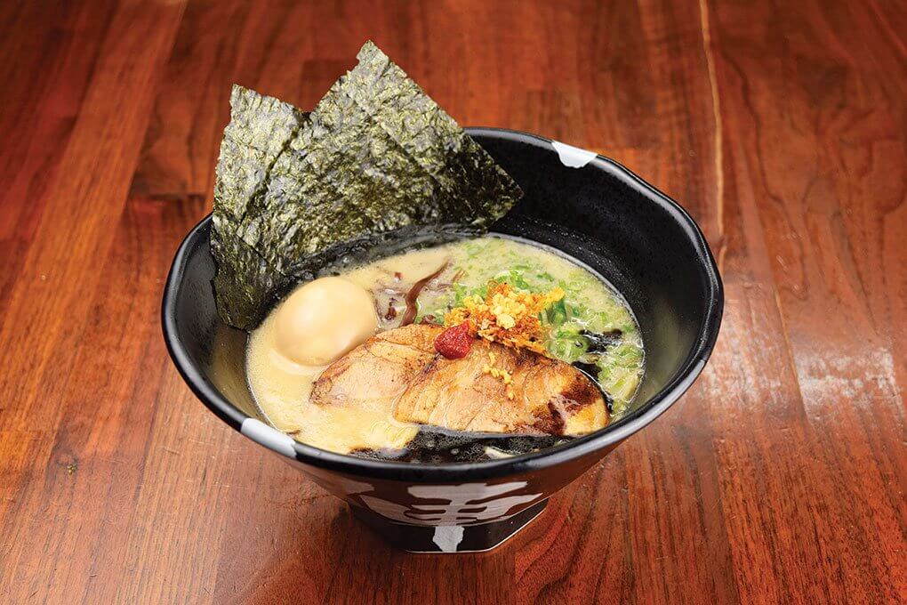 JINYA Ramen Bar signature dishes JINYA Tonkotsu Black, Spicy Chicken Ramen, Sprouting Up Ramen.